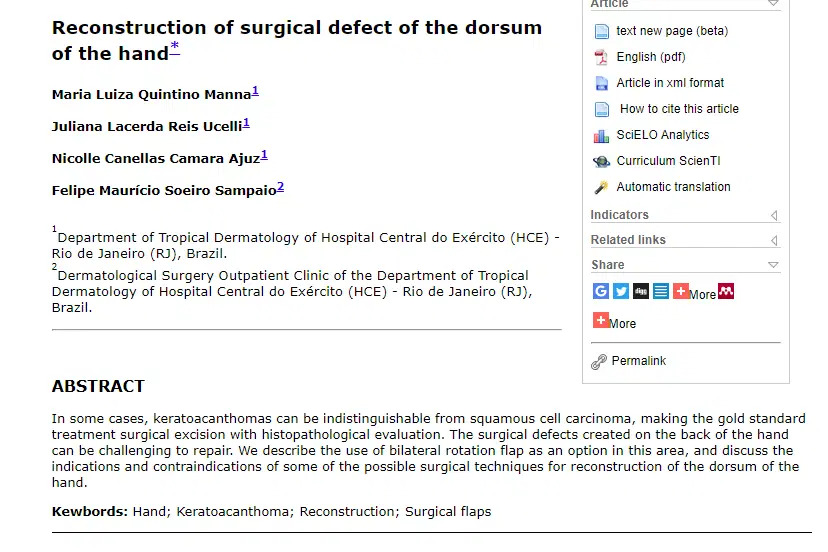 Artigo: Reconstruction of surgical defect of the dorsum of the hand.