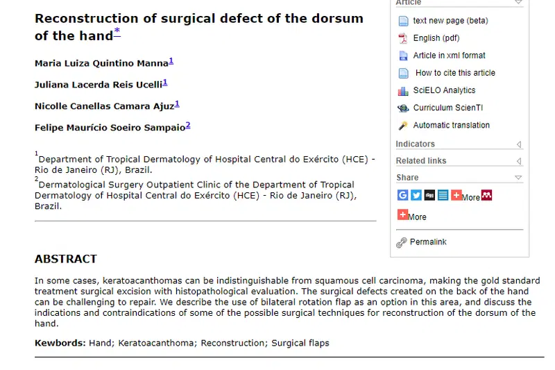 Artigo: Reconstruction of surgical defect of the dorsum of the hand.