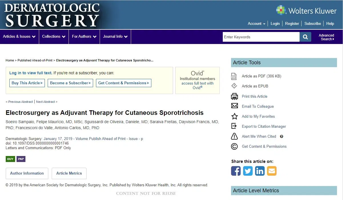 Artigo: Electrosurgery as adjvant therapy for cutaneous sporotrichosis