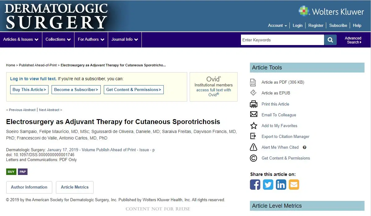 Artigo: Electrosurgery as adjvant therapy for cutaneous sporotrichosis