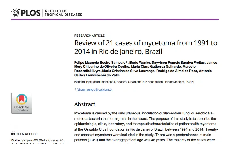 Artigo: Review of 21 cases of mycetoma from 1991 to 2014 in Rio de Janeiro, Brazil