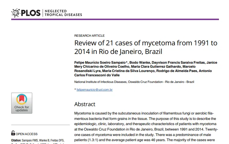Artigo: Review of 21 cases of mycetoma from 1991 to 2014 in Rio de Janeiro, Brazil