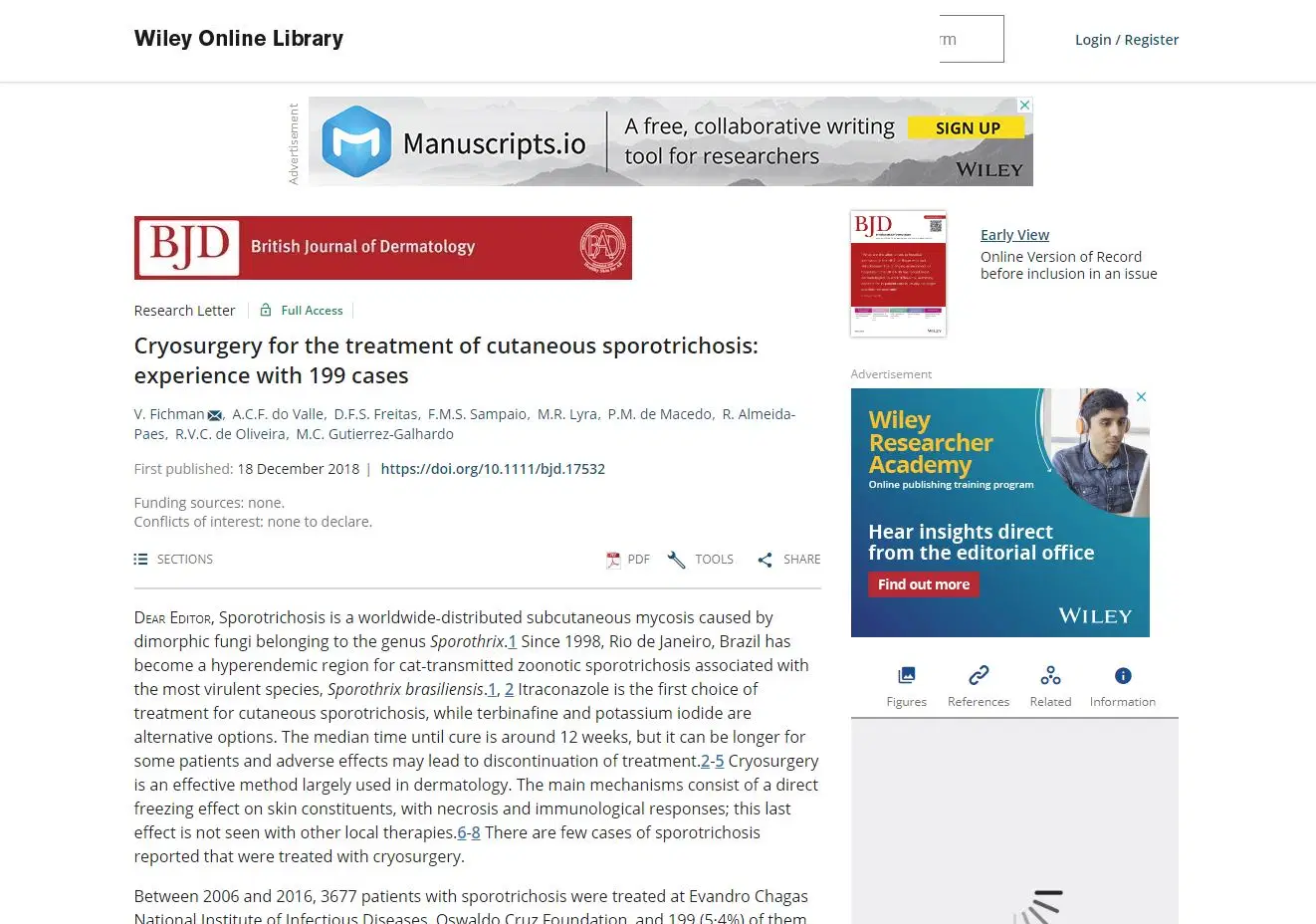 Artigo: Cryosurgery for the treatment of cutaneous sporotrichosis: experience with 199 cases